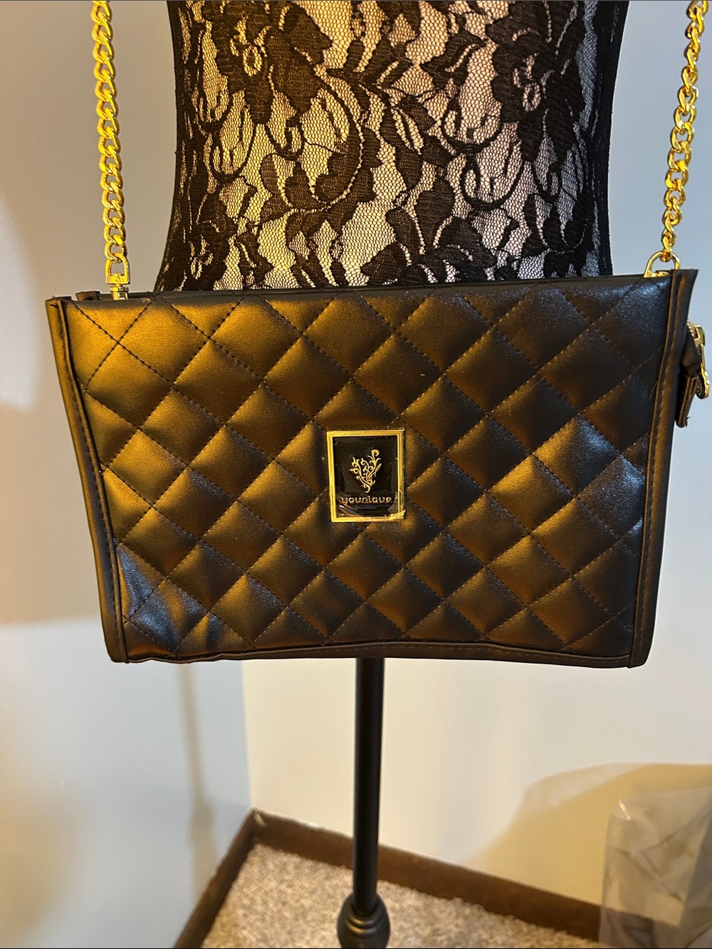 Younique Quilted Black Crossbody with Gold Chain
